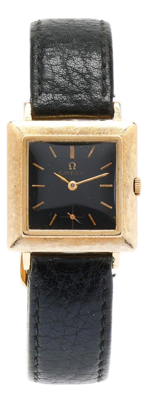 Vintage Omega N6607 18k Gold Square Manual Black Dial Florentine Watch