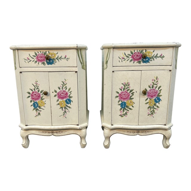 Mid 20th Century Pair of French Provincial Hand-Painted Floral Night Stands For Sale