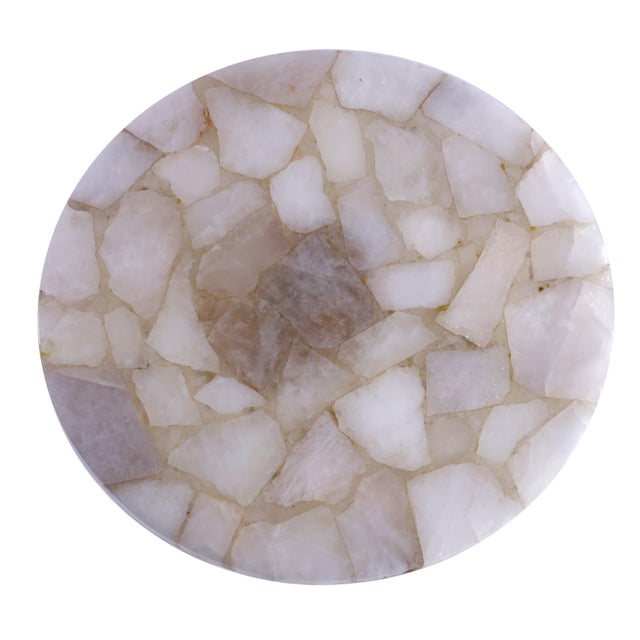 Contemporary White Quartz Gemstone Side Table With Marble Base and Polished Brass Leg For Sale - Image 3 of 4