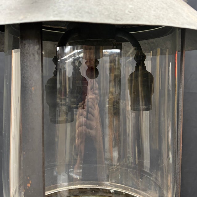 Antique Cast Iron Gas Lantern Pendant Light, Converted Gas Ceiling Fixture With Glass Shade For Sale In Portland, ME - Image 6 of 8