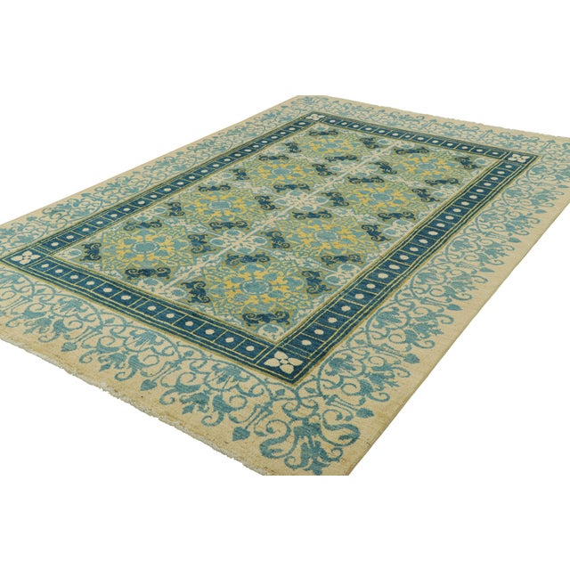 Rug & Kilim Rug & Kilim’s Modern Classics Rug in Cream, Blue & Yellow, With Floral Patterns For Sale - Image 4 of 7
