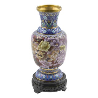 Vintage Chinese Ceramic and Metal Vase on Wooden Base, Early 1900s For Sale