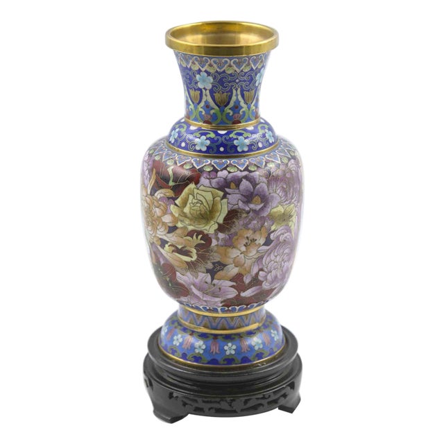 Vintage Chinese Ceramic and Metal Vase on Wooden Base, Early 1900s For Sale