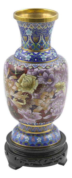 Vintage Chinese Ceramic and Metal Vase on Wooden Base, Early 1900s