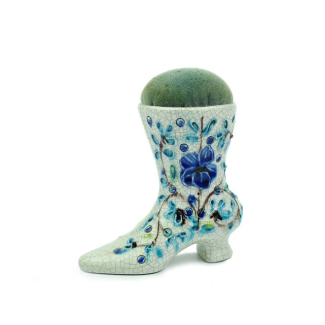Shabby Chic Mid 20th Century Hand Painted Craquelure Woman Boot Style Pincushion Italy For Sale - Image 3 of 5