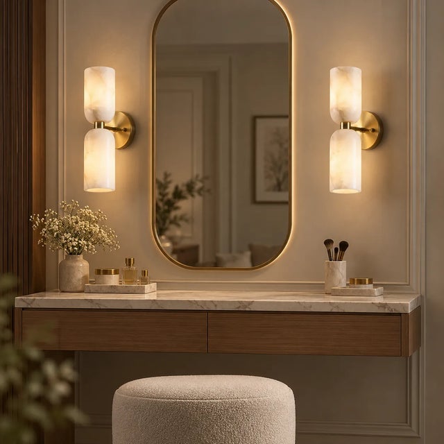 Handcrafted Brass & Natural Alabaster Double Wall Sconces - Pair For Sale - Image 4 of 9
