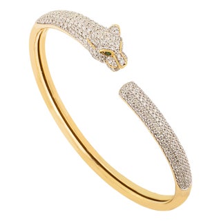 Mid 20th Vintage 297 PCS Diamond Panther Bangle With Green Stone Eyes in 18k Gold For Sale