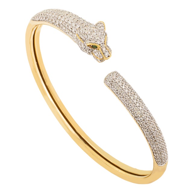 Mid 20th Vintage 297 PCS Diamond Panther Bangle With Green Stone Eyes in 18k Gold For Sale