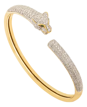 Mid 20th Vintage 297 PCS Diamond Panther Bangle With Green Stone Eyes in 18k Gold