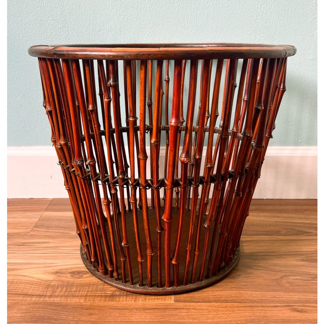 Large Vintage Chinoiserie Bamboo Spindle Basket – Mid-Century Chinese Export – McGuire Style Blanket or Throw Holder For Sale In Houston - Image 6 of 14