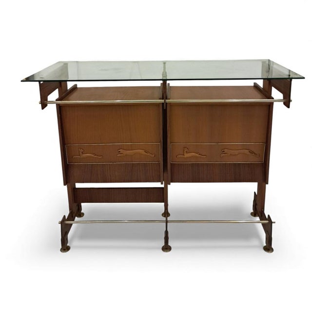Mid-Century Modern Italian Teak and Rosewood Bar Counter with Shelving and Stools, 1950s, Set of 4 For Sale - Image 9 of 15