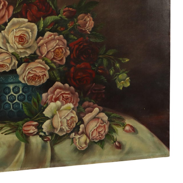 R. Blanlin, Large Floral Still Life with Rose Bouquet, Oil on Canvas For Sale - Image 10 of 16