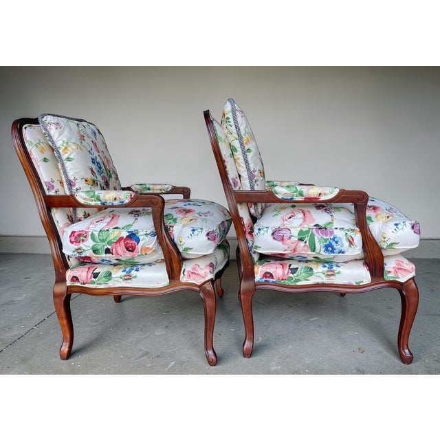 Late 20th Century Bergère Armchairs by Century Furniture in Floral Upholstery – Pair | Louis XV Style For Sale - Image 5 of 16