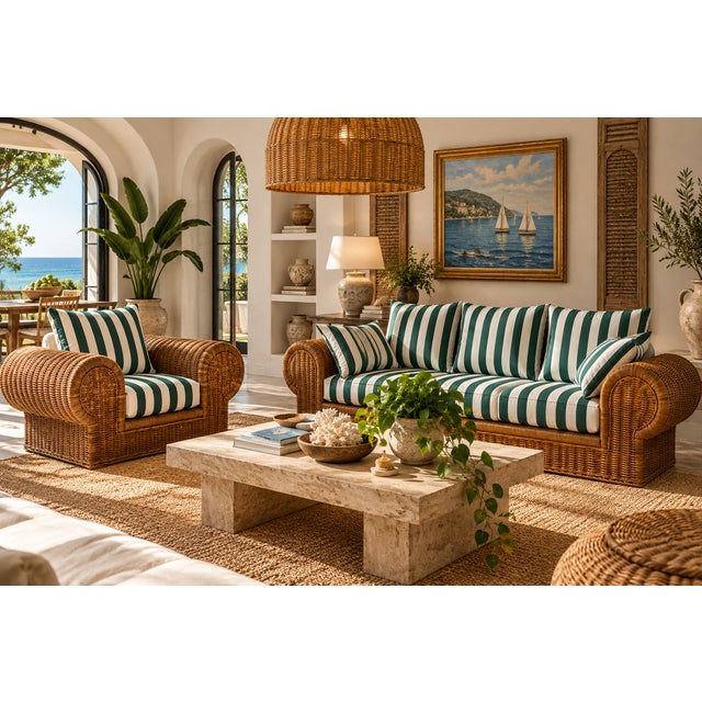 A generously sized vintage sofa featuring sculptural rolled arms, a woven frame, and green-and-white striped seat and back...