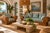A generously sized vintage sofa featuring sculptural rolled arms, a woven frame, and green-and-white striped seat and back...