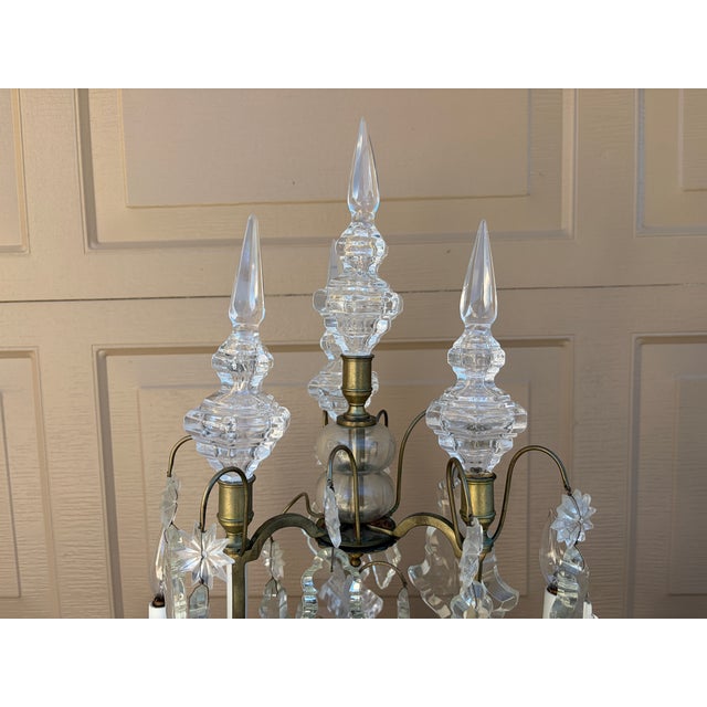 Early 20th Century French Brass & Crystal Six-Light Girandole Lamps - Pair For Sale - Image 12 of 17