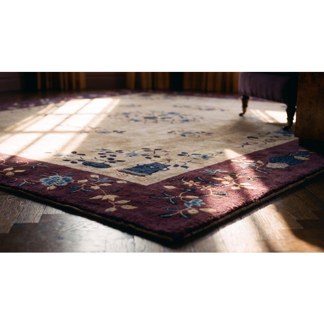Early 20th Century 1920s Ivory Floral Modern Antique Art Deco Chinese Rug 8'10"x 11'6 Hand Knotted Wool Carpet For Sale - Image 5 of 7