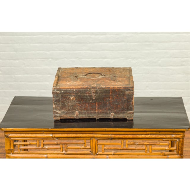 Indian Antique Wooden Dowry Box with Geometric Motifs and Weathered ...
