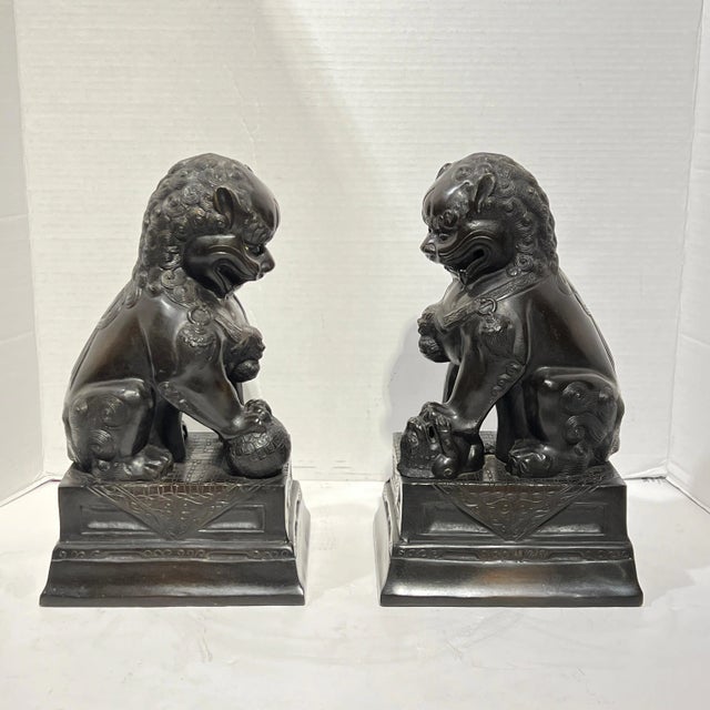 Metal Vintage Patinated Metal Foo Lion Sculptures - A Pair For Sale - Image 7 of 12