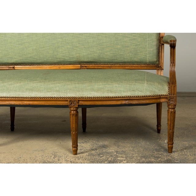 Wood 18th Century French Louis XVI Walnut Settee With Celadon Velvet For Sale - Image 7 of 18