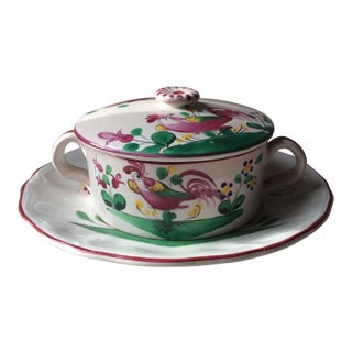 Charming French Luneville Pate Dish & Stand - St. Clément "Coq" Pattern, Hand-Painted Rooster Motif For Sale
