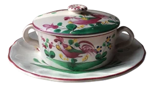 Charming French Luneville Pate Dish & Stand - St. Clément "Coq" Pattern, Hand-Painted Rooster Motif