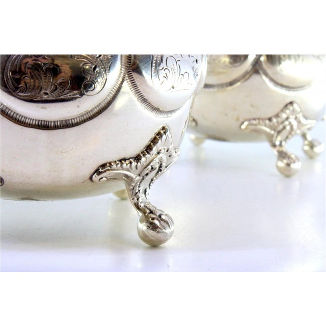 Silver Vases with Engraved Plant Elements, Frieze Edges, Palmettes and Claw-Shaped Feet, Set of 2 For Sale - Image 4 of 8