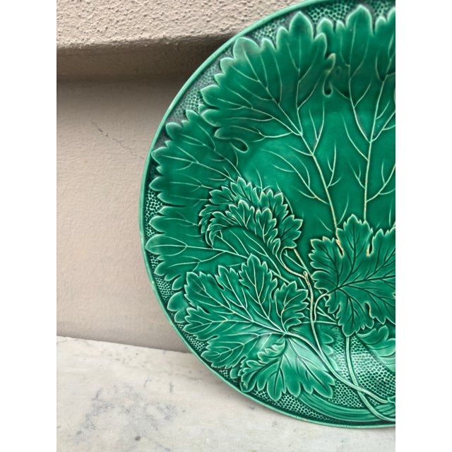 French Country French Green Majolica Leaves Plate Montereau, Circa 1890 For Sale - Image 3 of 5