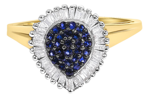 10K Yellow Gold 1/2 Cttw Round & Baguette Cut Diamond Pear Shaped Domed Pavé Cluster with Halo Cocktail Ring (J-K Color, I1-I2 Clarity) - Size 6