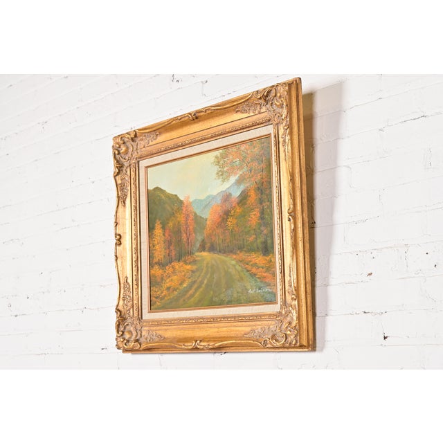 American Original Artist Signed Scenic Fall Drive Oil Painting in Carved Giltwood Frame For Sale - Image 3 of 12
