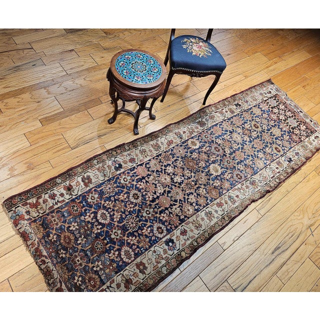 19th Century Persian Kurdish Bidjar Runner Rug, Hand-Knotted Wool, All Over Geometric Pattern, Blue & Ivory, 4x8 For Sale - Image 14 of 14