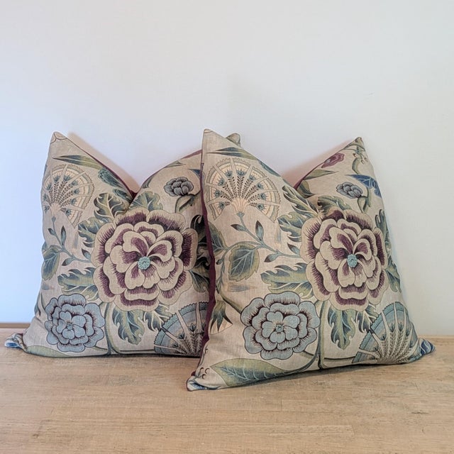 Thibaut Thibaut Cleo Pillows in Plum & Blue With Schumacher Glazed Linen Backs For Sale - Image 4 of 7