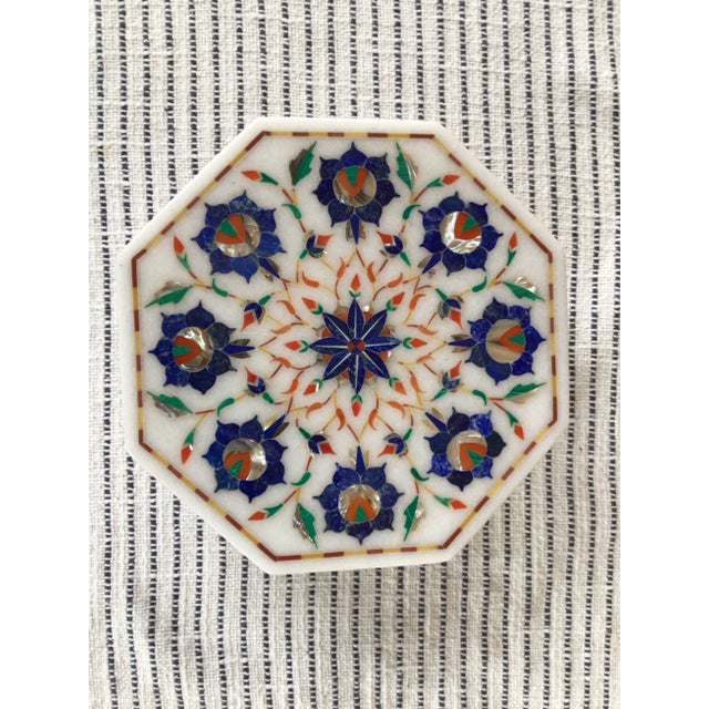 Sculpture Materials 1970s White Marble Lidded Trinket Box With Blue Mosaic Inlay Design For Sale - Image 7 of 12