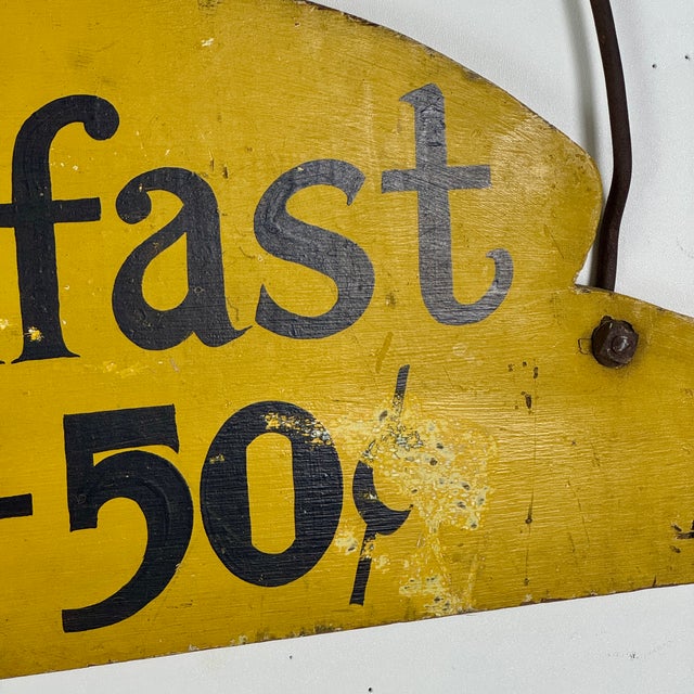 A Whimsical Vintage Wood Sign Advertising "Breakfast 35-50c" With Arching Metal Hook, Double Sided For Sale - Image 9 of 9