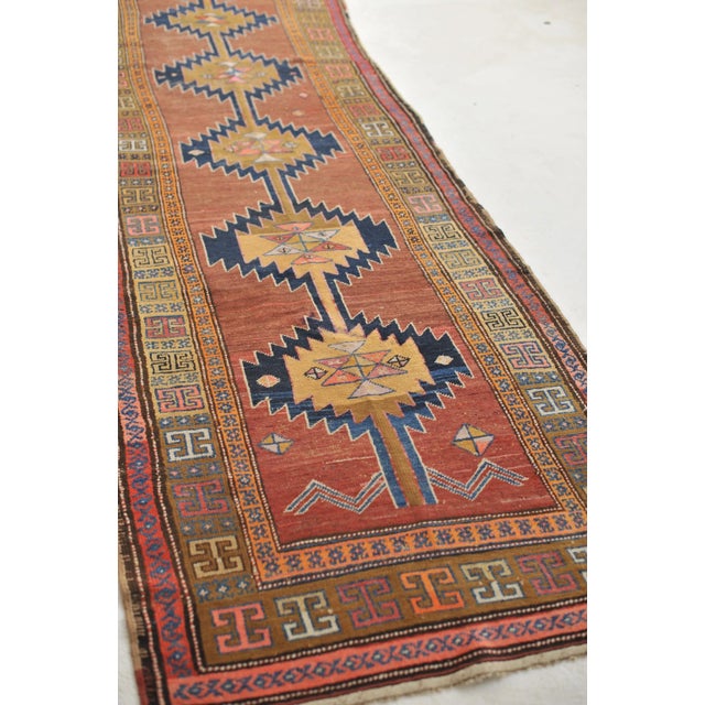 1930s Geometric Runner in Clays, Saffron & Deep Indigo 3.7 x 11 For Sale - Image 5 of 13