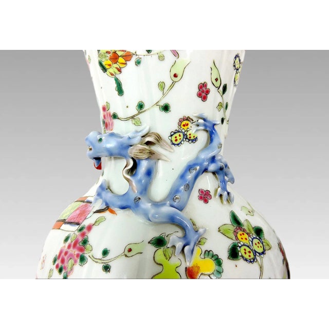 Rare Antique "Linen Fold" Famille Rose Vases, Signed White Porcelain Chinese With Chimera, Republic Period, a Pair For Sale In Tampa - Image 6 of 11