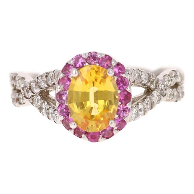 2.15 Carat Yellow Pink Sapphire Diamond 14 Karat White Gold Ring, Size 7 For Sale