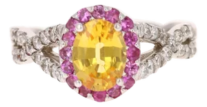 2.15 Carat Yellow Pink Sapphire Diamond 14 Karat White Gold Ring, Size 7