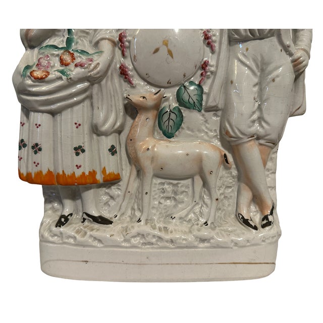 Staffordshire Antique Victorian English Staffordshire Porcelain Mantle Figurine - Couple With Roe Deer - England For Sale - Image 4 of 6