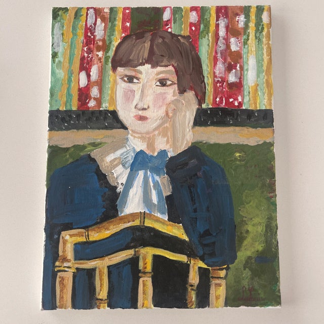 Painting young girl on the chair S Louis France Acrylic painting on canvas. A dark-haired young girl leaning on the back...