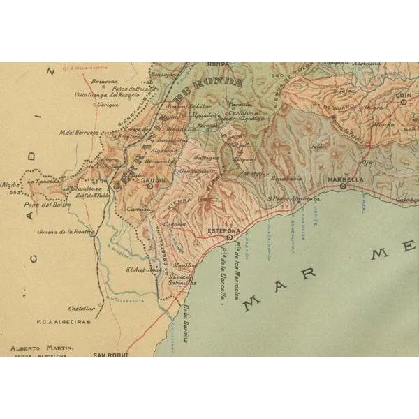 The map depicts the province of Málaga, located in the autonomous community of Andalusia in southern Spain, as it was in...