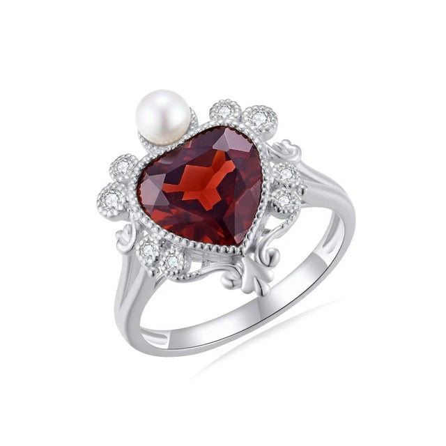 Kai "On My Heart" Garnet Diamond Pearl Cocktail Ring, size 6.5 For Sale - Image 10 of 12