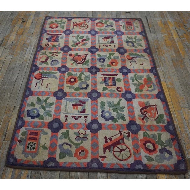Notable Tan Beige Color With Splendid Floral and Figurative Designs Antique American Hooked Rug For Sale - Image 12 of 12