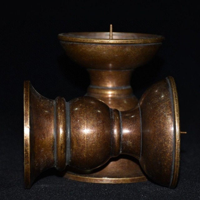 Pair of Bronze Candle Holders — Curved Dish & Trumpet Base, Aged Patina For Sale In Los Angeles - Image 6 of 9