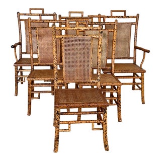 1980’s British Colonial Coastal Tortoise Rattan Cane Dining Chairs-Set of Six For Sale