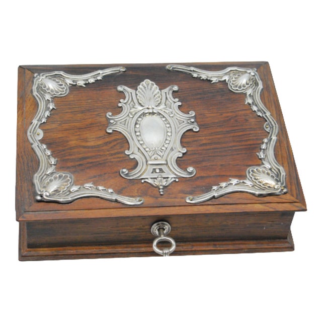Wooden Jewelry Box with Silver Applications and Key For Sale