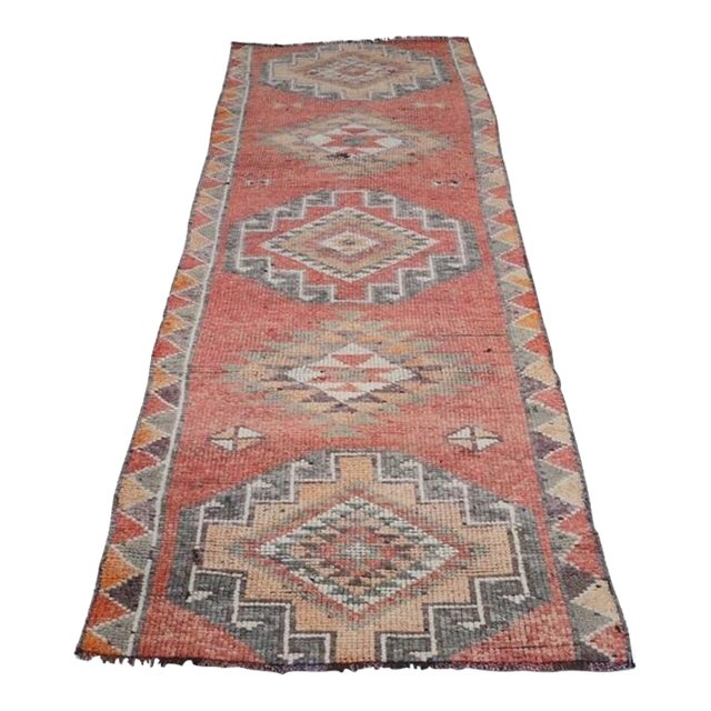 Vintage Tribal Kilim Runner Rug – 10ft Bold Geometric Wool Hallway Rug For Sale