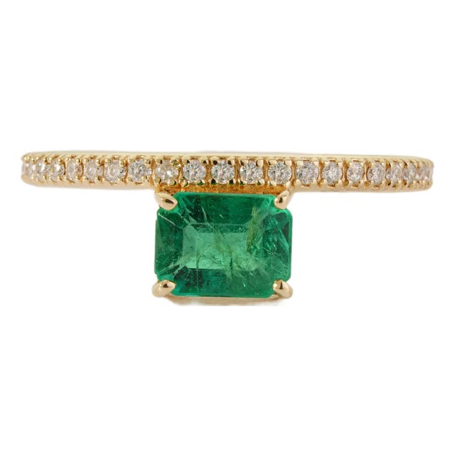 14k Yellow Gold Octagon Cut Floating 1 Carat Emerald Diamond Ring Size 8 For Sale