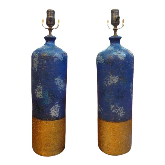 Pair of Italian Aldo Londi for Bitossi Blue and Gold Pottery Lamps For Sale