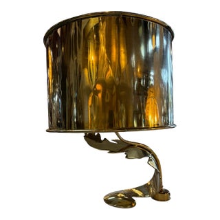 Italian Sculptural Brass Table Lamp With Cylindrical Shade, 1970s For Sale